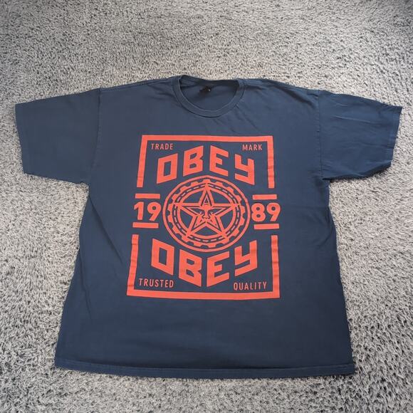 Obey Shirt Men Extra Large Blue Hip Hop Graphic Logo Casual Lounge Crew Neck Tee - Picture 1 of 7